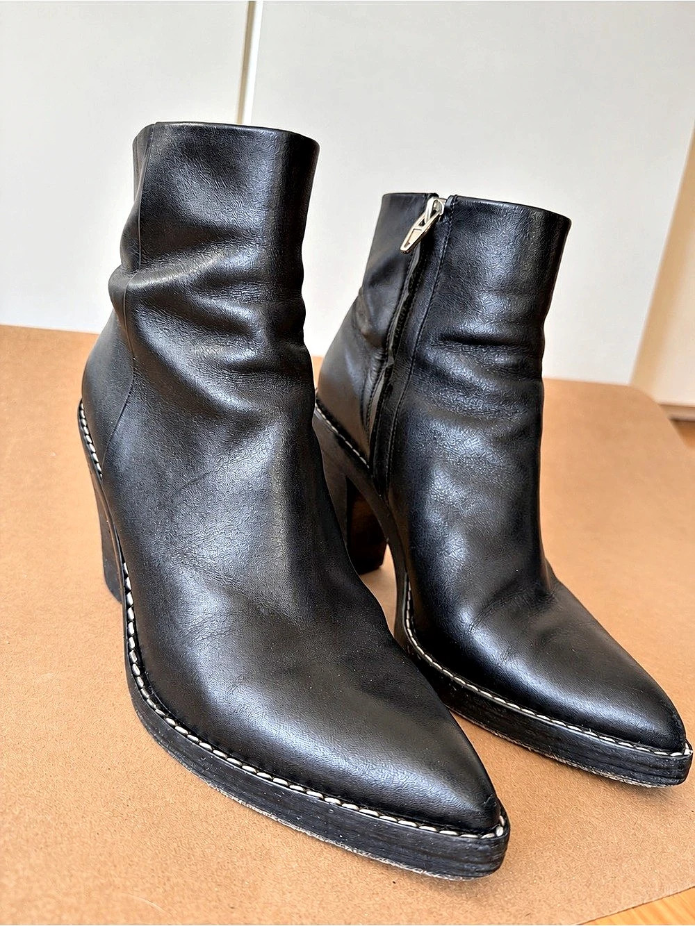 Alexander Wang Black Leather Pointed Toe Block Heel Ankle Boots EU 38.5